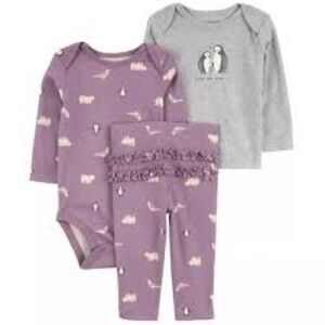 Carter's 3-Piece Long Sleeve Bodysuit Pant Set Girl Size 9 Month Purple Penguin